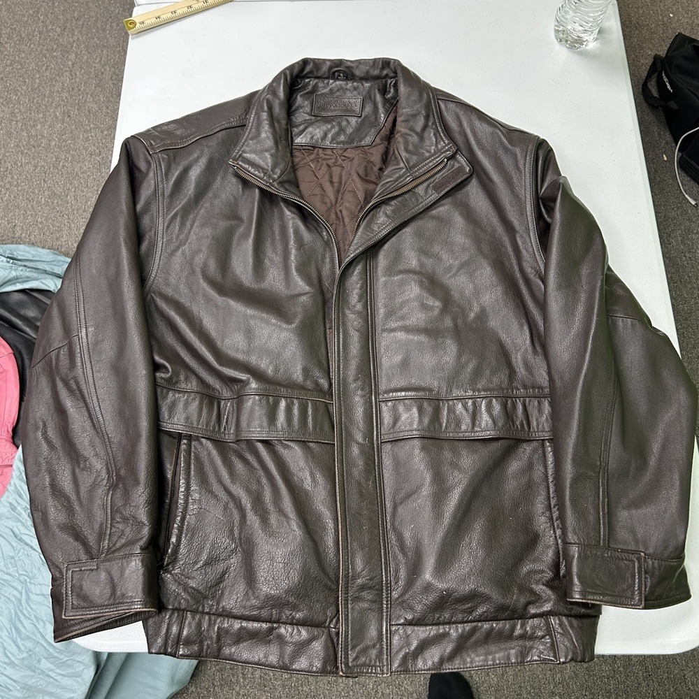John Ashford Leather Jacket Mens XL Brown Full Zip Quilted Lined Bomber G2